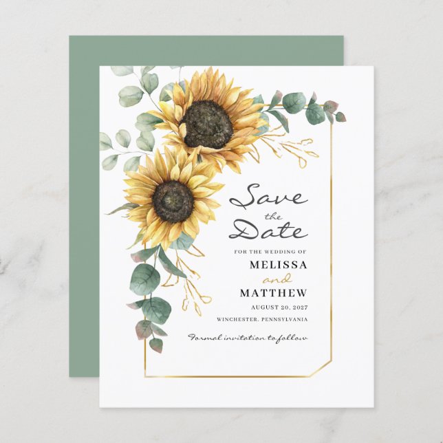Budget Sunflower Eucalyptus Greenery Save The Date (Front/Back)