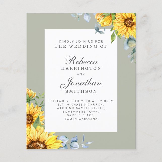 Budget Sunflower Eucalyptus Wedding Invitation (Front)