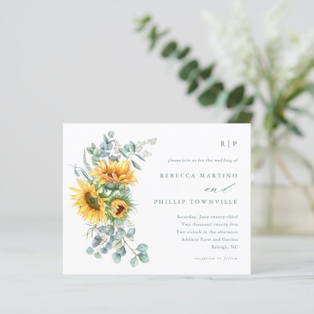 Budget Sunflower Eucalyptus Wedding Invitation (Standing Front)