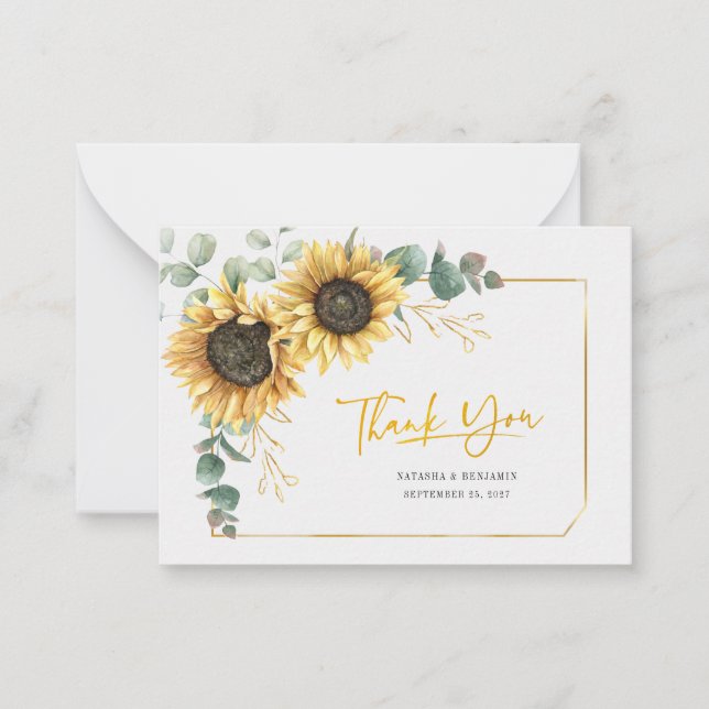 Budget Sunflower Eucalyptus Wedding Thank You Card (Front)