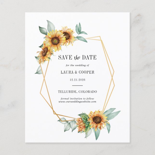 Budget Sunflower Floral Greenery Save The Date Flyer (Front)