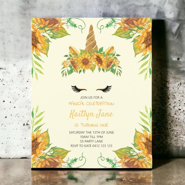 BUDGET Sunflower Floral Unicorn Yellow Invitation (Creator Uploaded)
