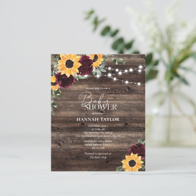 Budget Sunflower Floral Wood Baby Shower Invite (Standing Front)