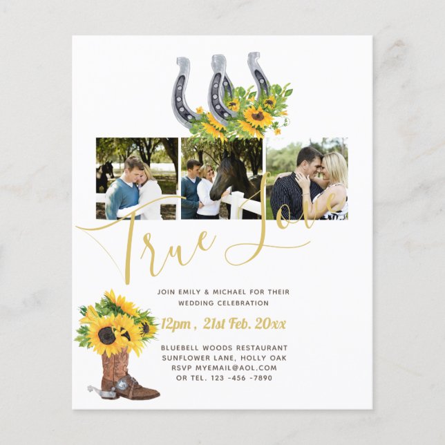 BUDGET Sunflower Horse Shoes PHOTO Collage WEDDING Flyer (Front)