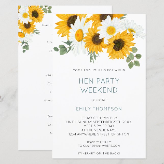 Budget Sunflower Itinerary Weekend Hen Do invite (Front/Back)