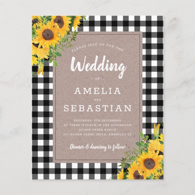 BUDGET Sunflower Plaid Wedding Invitation (Front)