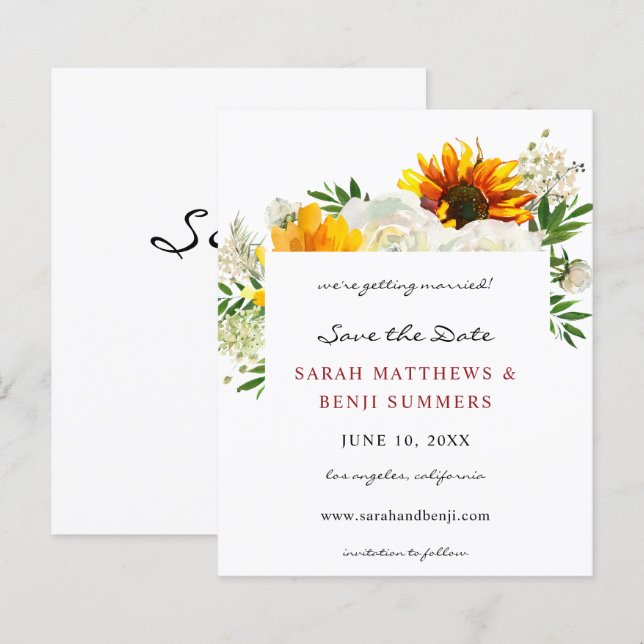 Budget Sunflower & W Floral Artsy Save the Date 2 (Front/Back)