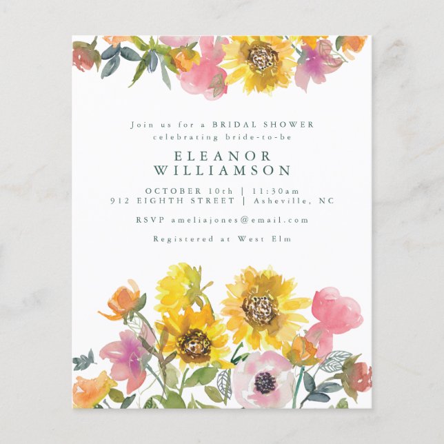 Budget Sunflower Watercolor Bridal Shower Invite (Front)