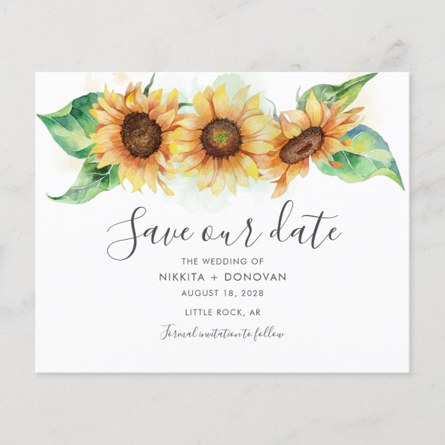 Budget Sunflower Watercolor Wedding Save The Date (Front)