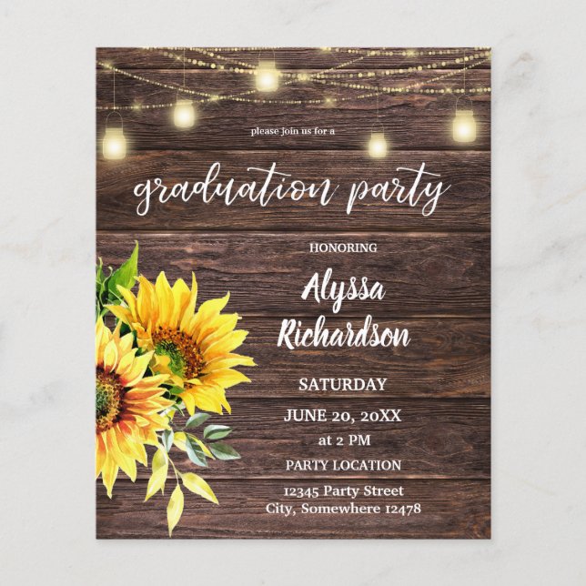 Budget Sunflower, Wood Lights Graduation Party Flyer (Front)
