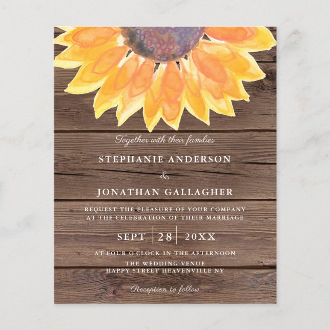 Budget Sunflower Wood QR Code Wedding Invitation (Front)