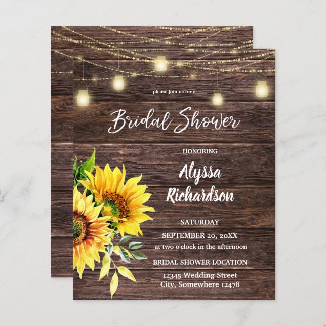 Budget Sunflower, Wood, & String Lights Bridal (Front/Back)