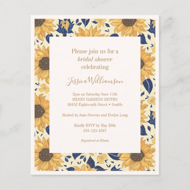 Budget Sunflower Yellow Blue Bridal Shower Invite (Front)