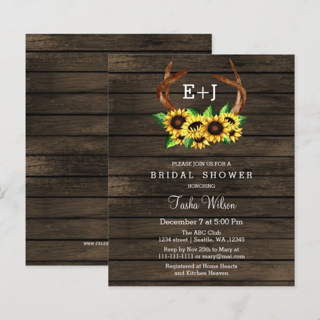 Budget Sunflowers Antlers Bridal Shower Invitation (Front/Back)