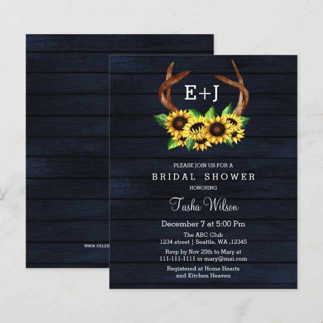 Budget Sunflowers Antlers Bridal Shower Invitation (Front/Back)