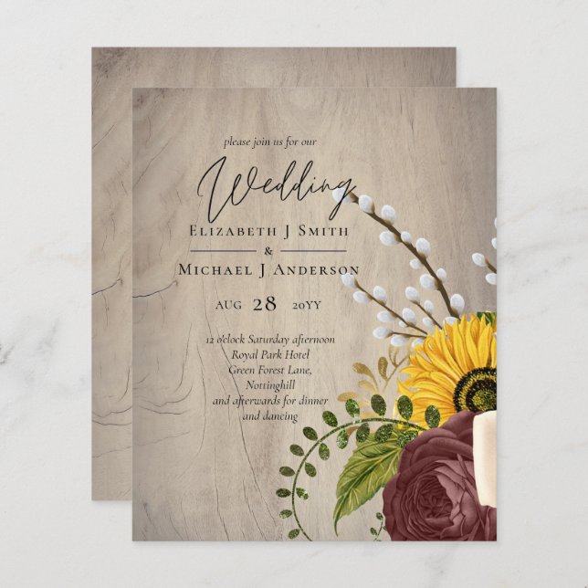 BUDGET Sunflowers Burgundy Marsala Wedding Invite (Front/Back)