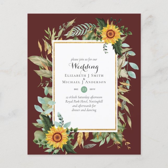 BUDGET Sunflowers Eucalyptus Greenery Wedding Flyer (Front)