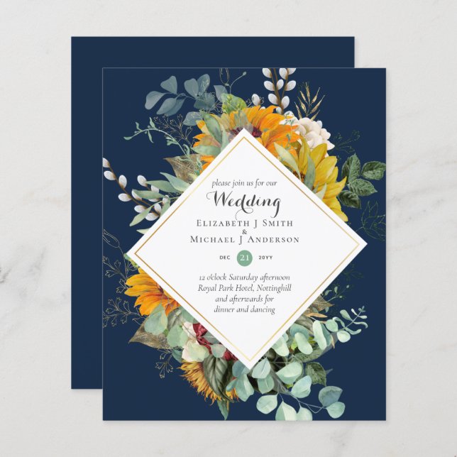 Budget Sunflowers Greenery Wedding Invites (Front/Back)