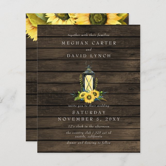 Budget Sunflowers Lantern Wedding Invitation (Front/Back)