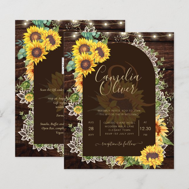BUDGET Sunflowers Lights Lace Wedding INVITE (Front/Back)
