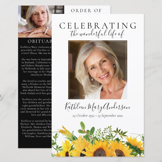 BUDGET Sunflowers Photo Memorial Service Program (Front/Back)