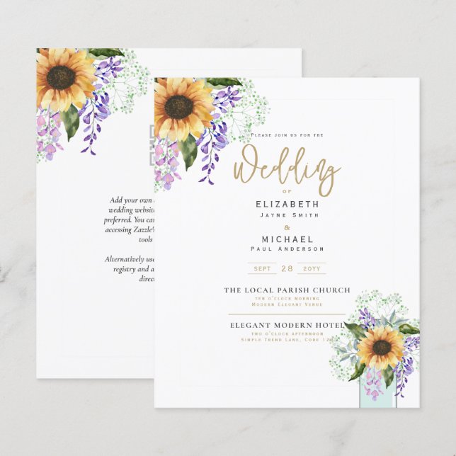 Budget Sunflowers Purple Floral Wedding Invite (Front/Back)