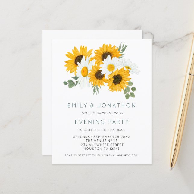 Budget Sunflowers Wedding Evening Party Invite (Front/Back In Situ)