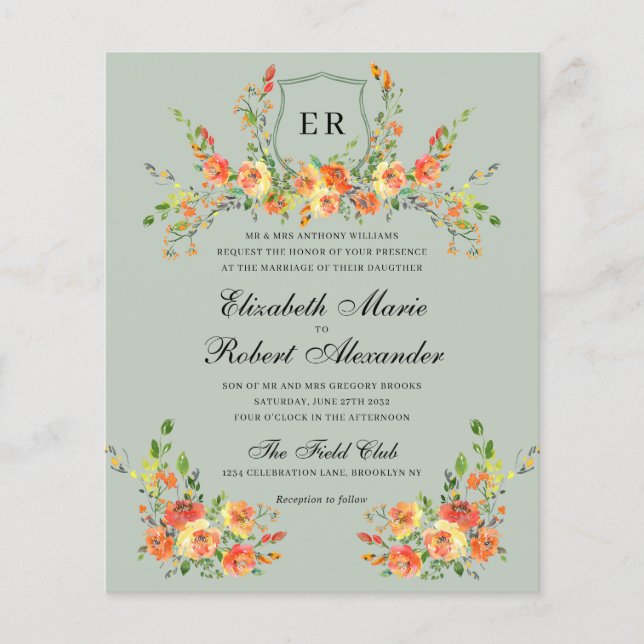 BUDGET Sunset Bloom Monogram Green Crest Wedding (Front)