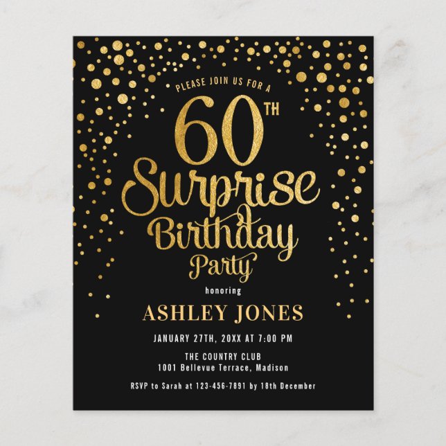 Budget Surprise 60th Birthday Black & Gold Invite Flyer (Front)