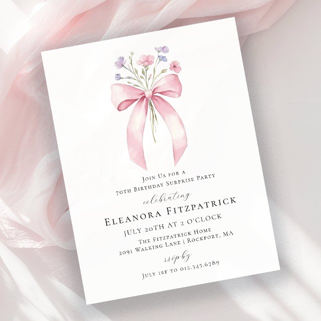 BUDGET SURPRISE 70th Birthday Pink Bow Invite (Creator Uploaded)