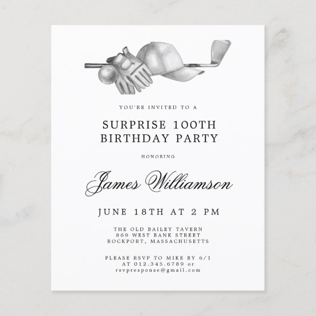 BUDGET Surprise Golf 100th Birthday Invitation (Front)