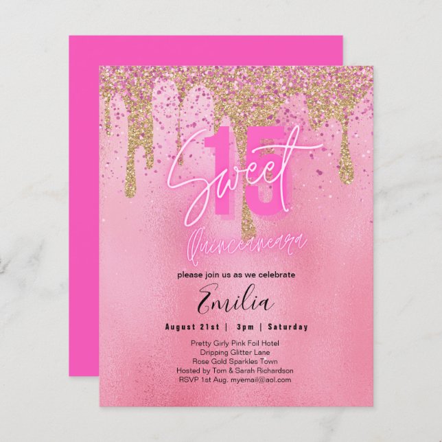 Budget Sweet 15 Pink Glitter Foil Quinceanera Glam (Front/Back)