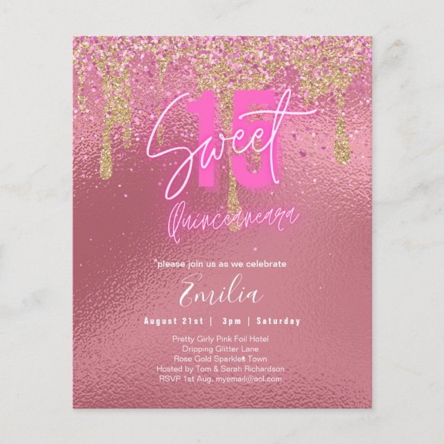 Budget Sweet 15 Pink Glitter Foil Quinceanera Glam Flyer (Front)