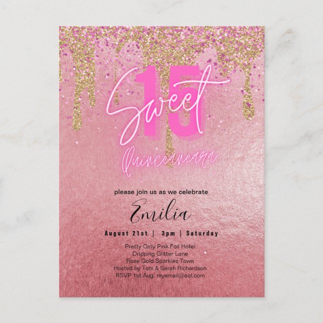 Budget Sweet 15 Pink Glitter Foil Quinceanera      Postcard (Front)