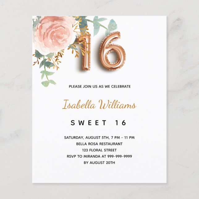 Budget Sweet 16 16th floral rose gold eucalyptus (Front)