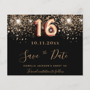 Budget Sweet 16 black glitter save the date