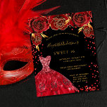 Budget Sweet 16 black red dress invitation<br><div class="desc">A modern,  stylish and glamourous invitation for a Sweet 16,  16th birthday party.  A black background with sparkles,  a red dress and red roses,  florals.  The name is written with a modern hand lettered style script.  Personalise and add your party details.</div>