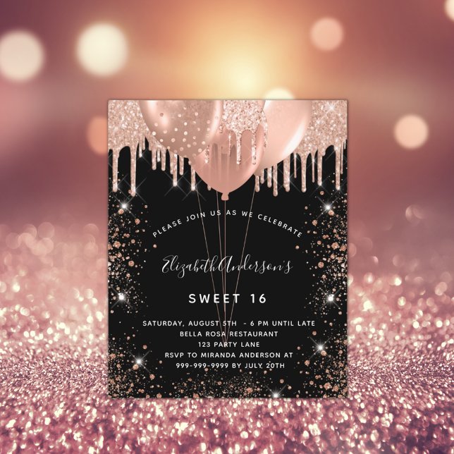 Budget Sweet 16 black rose gold balloon invitation (Creator Uploaded)