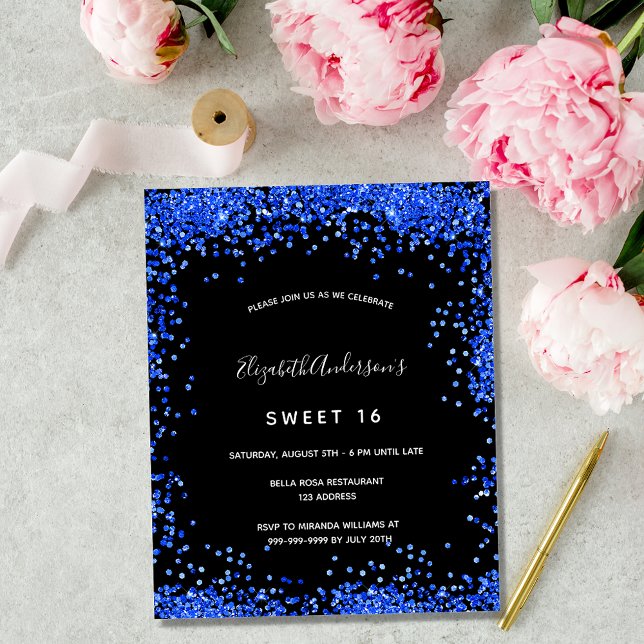 Budget Sweet 16 black royal blue invitation (Creator Uploaded)