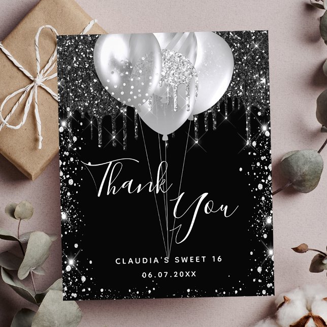Budget Sweet 16 black silver glitter thank you (Creator Uploaded)