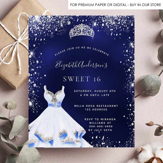 Budget Sweet 16 blue silver dress tiara invitation (Creator Uploaded)