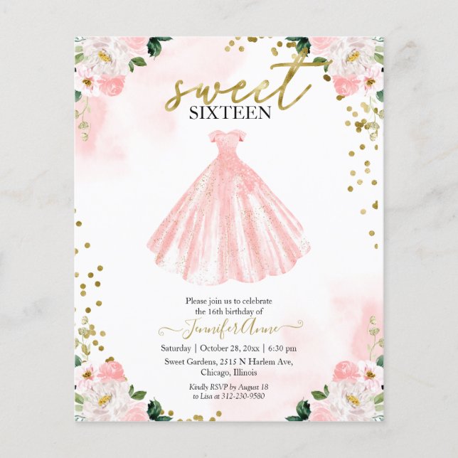 Budget Sweet 16 Blush Floral Pink Dress Invitation (Front)