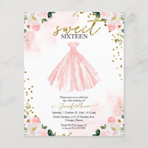 Budget Sweet 16 Blush Floral Pink Dress Invitation
