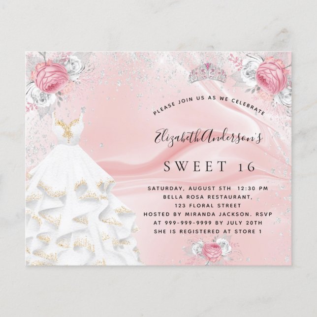 Budget Sweet 16 blush pink dress tiara invitation (Front)
