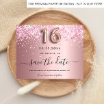 Budget Sweet 16 blush pink glitter save the date<br><div class="desc">A girly and trendy Save the Date card for a Sweet 16, 16th birthday party. Blush pink faux metallic looking background decorated with pink faux glitter dust. Personalise and add a date and name/text. The text: Save the Date is written with a large trendy hand lettered style script with swashes....</div>