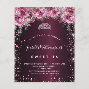 Budget Sweet 16 burgundy pink glitter floral tiara