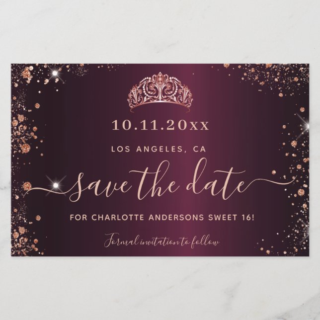 Budget Sweet 16 burgundy rose gold save the date (Front)