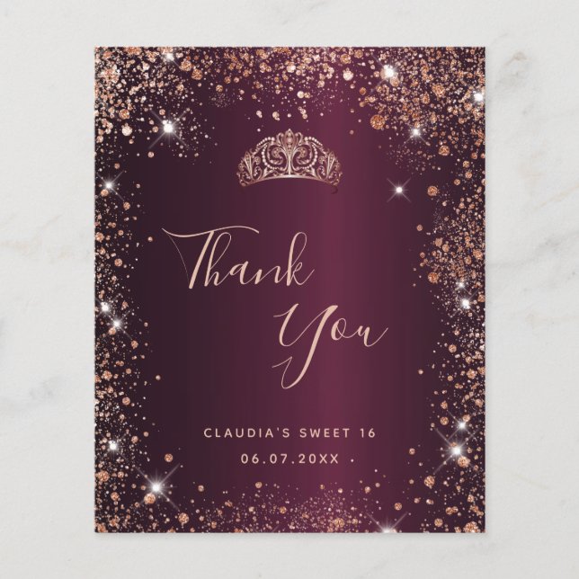 Budget sweet 16 burgundy rose gold thank you card (Front)