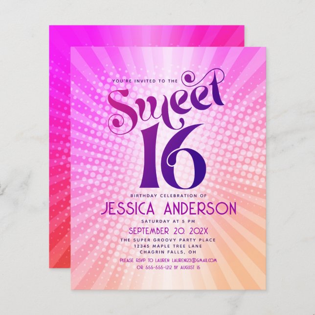 Budget Sweet 16 Groovy Pink Orange Gradient Invite (Front/Back)