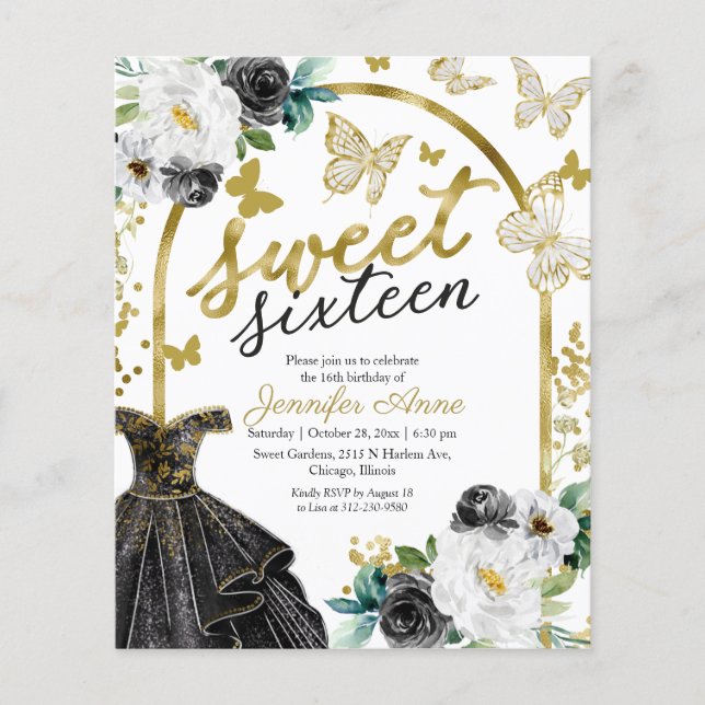 Budget Sweet 16 Invitation Floral Dress Butterfly (Front)